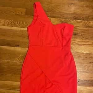 Lulus Get Gorgeous Red One-Shoulder Faux-Wrap Bodycon Mini Dress, Size L